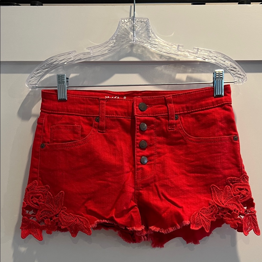Vibrant Red Lace Trim Jean Shorts